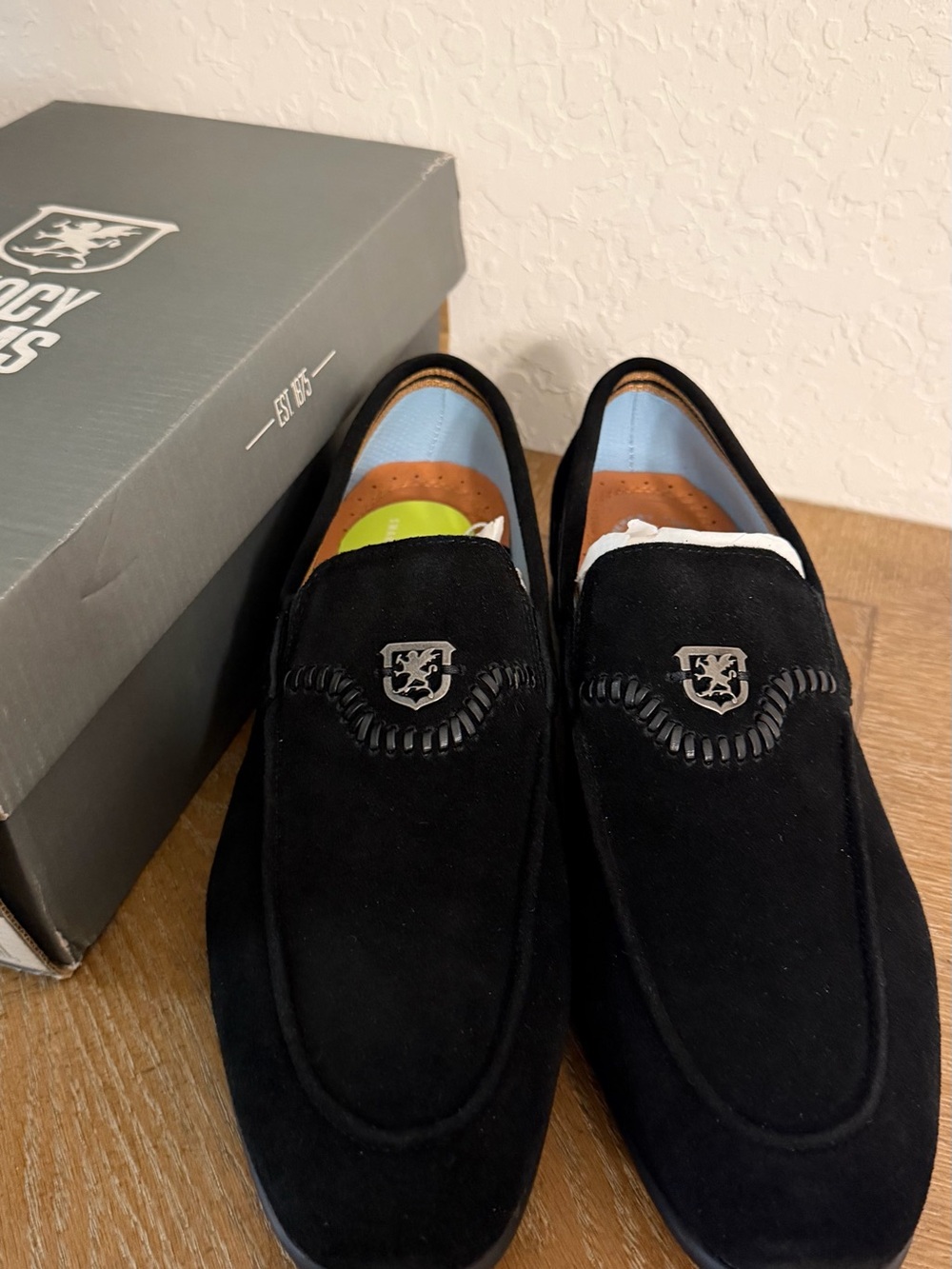 Stacy Adams Black Suede Slip-On Loafers with Metal Crest 10M